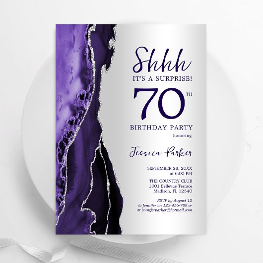 Invitation Argent violet Agate Surprise 70e anniversaire