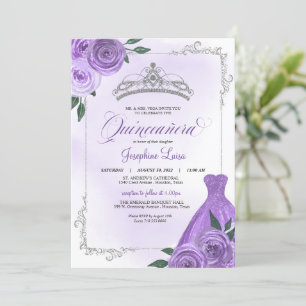 Invitation Argent violet et floral blanc Tiara Quinceañera In