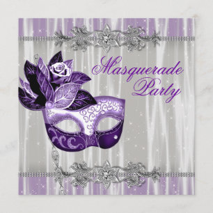 Invitation Argent Violet Étincelles Purple Masquerade Party
