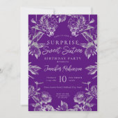Invitation Argent violet Floral Photo SURPRISE Sweet 16 (Devant)