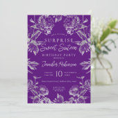 Invitation Argent violet Floral Photo SURPRISE Sweet 16 (Debout devant)