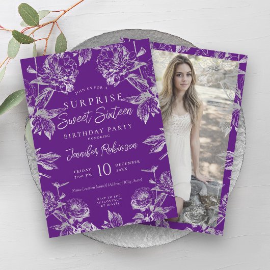 Invitation Argent violet Floral Photo SURPRISE Sweet 16
