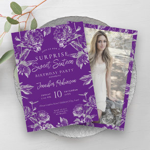 Invitation Argent violet Floral Photo SURPRISE Sweet 16