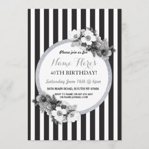 Invitation argenté blanc noir floral de rayure