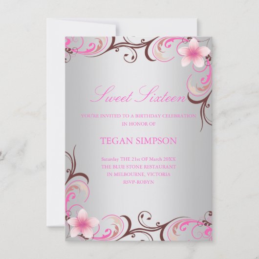 Invitation argenté d'anniversaire de sweet sixteen (Devant)