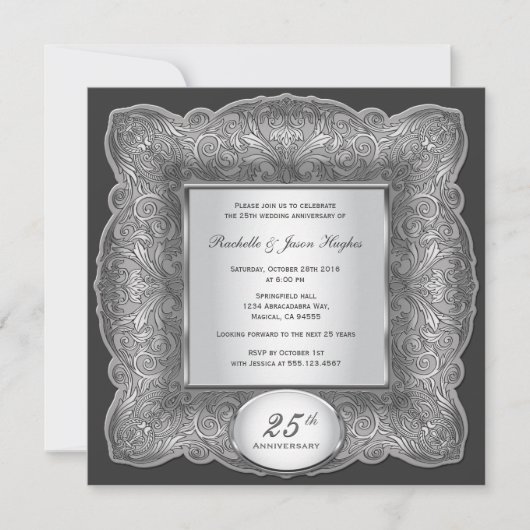 Invitation argentée carrée pour les 25 ans de mari (Devant)