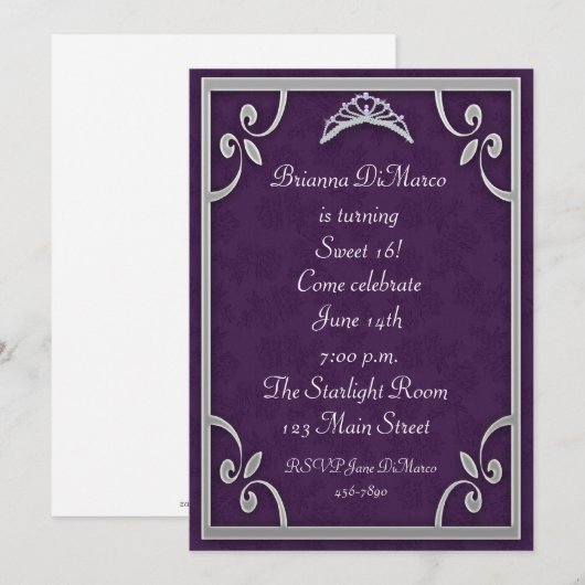 Invitation argentée pourpre de diadème (Devant / Derrière)