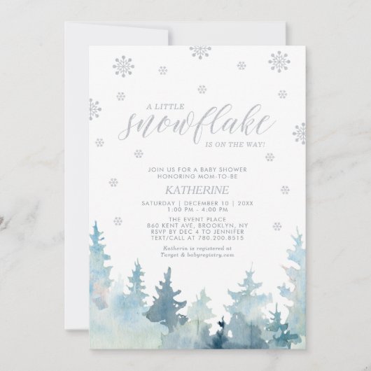 Invitation Argentée | Un petit Baby shower d'hiver de flocon (Devant)
