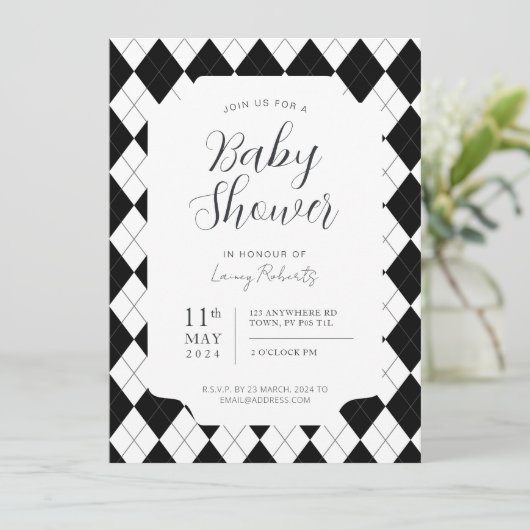 Invitation Argyle noir et blanc diamant unisexe (Debout devant)