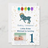 Invitation Aries Premier Anniversaire Or & Ballons & Photo (Devant)