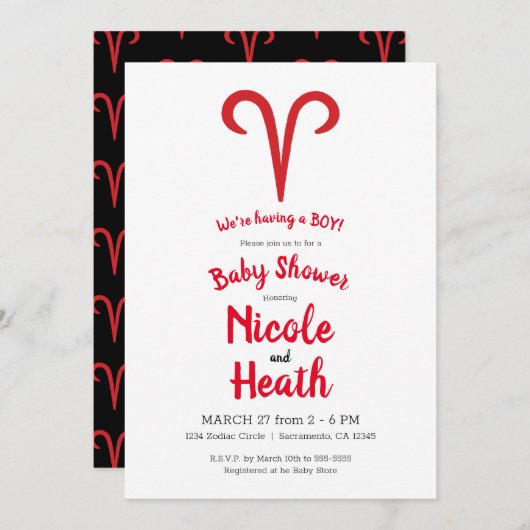 Invitation ARIES Ram Red Astrologie Zodiac Spring Baby shower (Devant / Derrière)