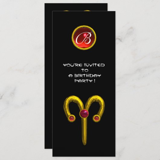 Invitation ARIES RUBY MONOGRAM, jaune vif noir rouge (Devant / Derrière)