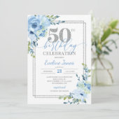Invitation Armature en argent floral bleu rustique 50e annive (Debout devant)