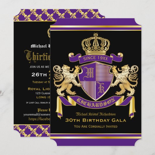 Invitation Armoiries de l'Emblème Lion d'or violet Anniversai (Devant / Derrière)