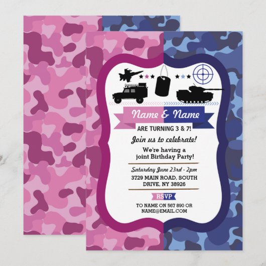 Invitation Army Pink & Blue Girls & Boys Anniversaire (Devant / Derrière)