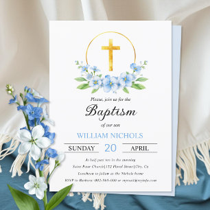 Invitation Arrangement floral bleu, croix d'or baptême garçon