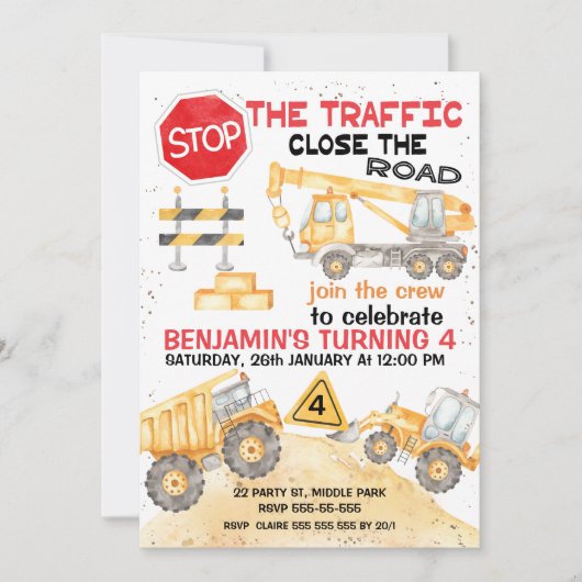 Invitation Arrêtez La Circulation Construction Route Annivers (Devant)