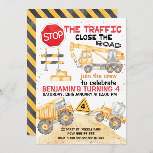 Invitation Arrêtez La Circulation Construction Route Annivers (Devant / Derrière)