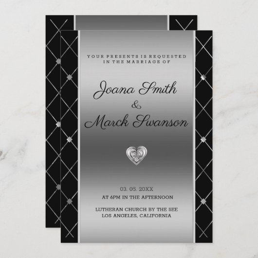 Invitation Arrière - plan Argent Et Mariage Coeur (Devant / Derrière)