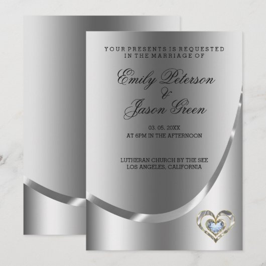 Invitation Arrière - plan Argent Et Mariage Coeur Diamants (Devant / Derrière)