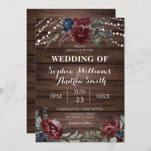 Invitation Arrière - plan de bois Marsala Marine Flower Rusti (Devant / Derrière)