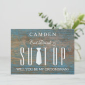 Invitation Arrière - plan de bois Suitup Serez-vous mon groom (Debout devant)