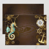 Invitation Arrière - plan en bois avec cheval de mer mécaniqu (Devant / Derrière)