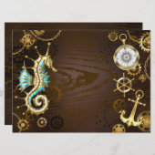 Invitation Arrière - plan en bois avec cheval de mer mécaniqu (Devant / Derrière)