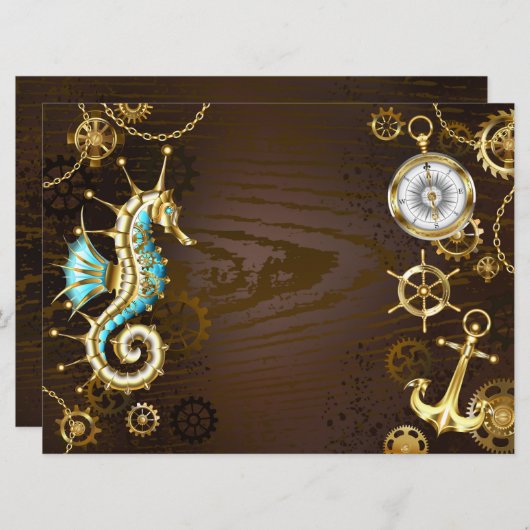 Invitation Arrière - plan en bois avec cheval de mer mécaniqu (Devant / Derrière)