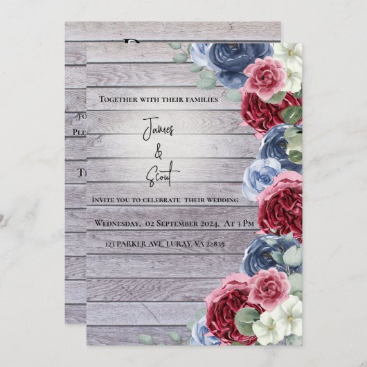 Invitation Arrière - plan en bois rustique avec fleurs et pro (Devant / Derrière)