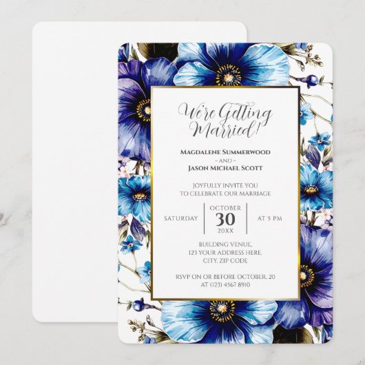 Invitation Arrière - plan Floral Blanc Or Bleu pourpre (Devant / Derrière)