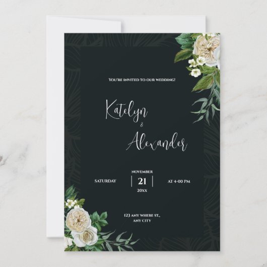 Invitation Arrière - plan vert foncé avec mariage de fleurs b (Devant)