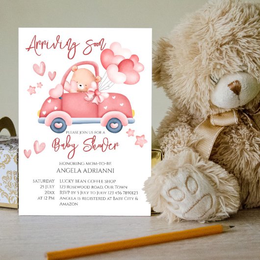 Invitation Arrivée bientôt mignon ours en peluche rose minusc