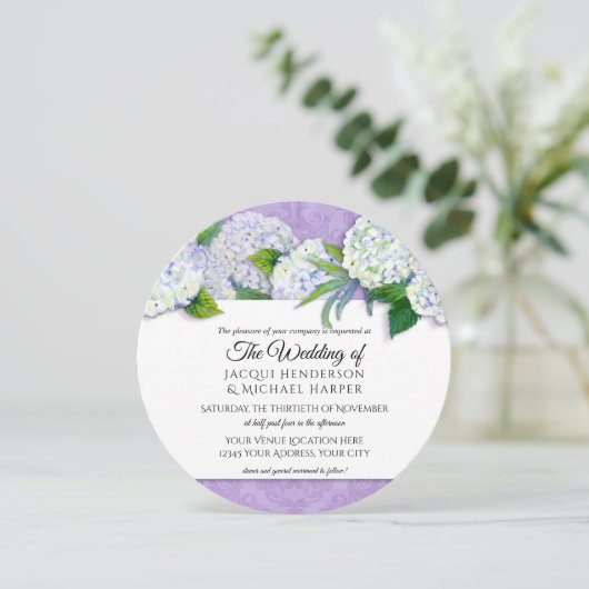 Invitation Arrondi Damask Hydrangea violet Mariage Floral (Debout devant)