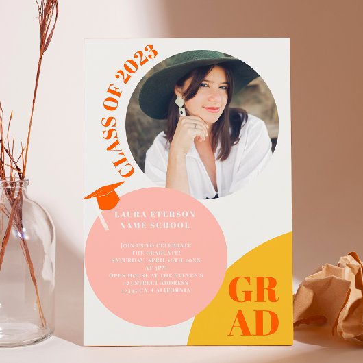 Invitation Arrondi de boho rose orange 5 photos graduation