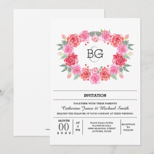 Invitation Arrosage romantique à fleurs rose (Devant / Derrière)