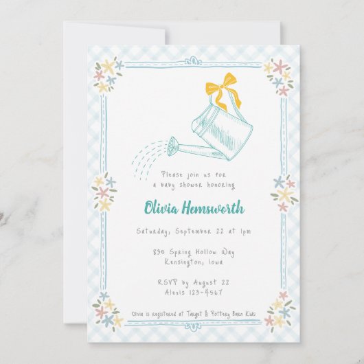Invitation Arrosoir Gingham Bleu Ciel Bébé 001 (Devant)