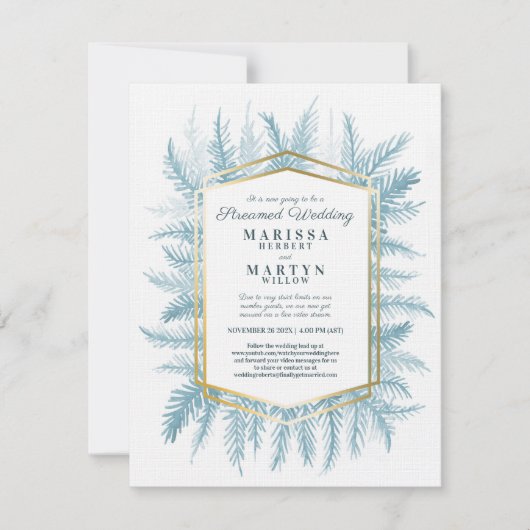 Invitation Art à feuillage persistant d'hiver bleu mariage (Devant)