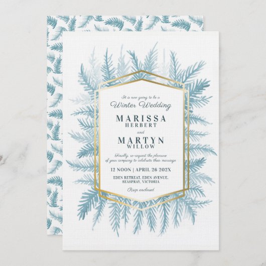 Invitation Art à feuillage persistant d'hiver bleu mariage re (Devant / Derrière)