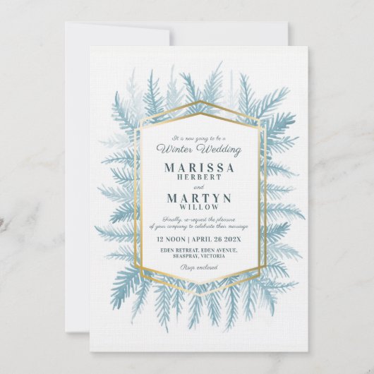 Invitation Art à feuillage persistant d'hiver bleu mariage re (Devant)