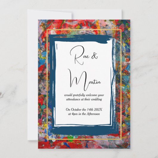 Invitation Art Abstrait - Mariage Peinture-Bleu et Cadres Or (Devant)
