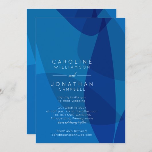 Invitation Art Abstrait moderne en Bleu Unique Mariage tendan (Devant / Derrière)