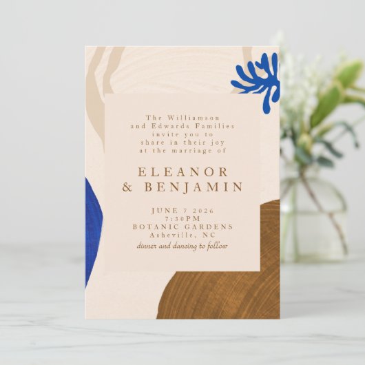 Invitation Art Abstrait moderne Sable unique et Mariage bleu (Debout devant)