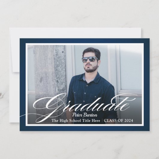 Invitation Art bleu marine moderne Script photo Grad Party (Devant)
