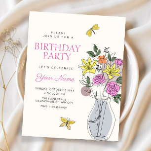 Invitation art de bouquet de fleurs minimaliste pour annivers