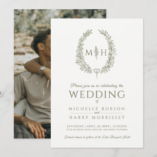 Invitation Art de la ligne ovale feuille mariage olivier vert