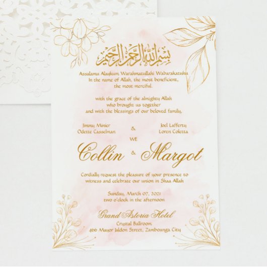 Invitation Art de ligne musulmane rose et or bleu