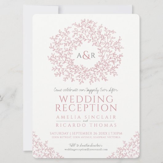 Invitation Art de monogramme de feuille rose carminé réceptio (Devant)