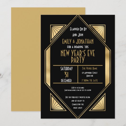 Invitation Art Déco 1920 Gold Black New Years Eve Party (Devant / Derrière)