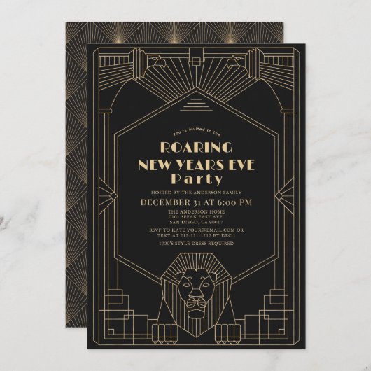 Invitation Art Déco 1920's Gatsby Lion New Years Eve Party (Devant / Derrière)